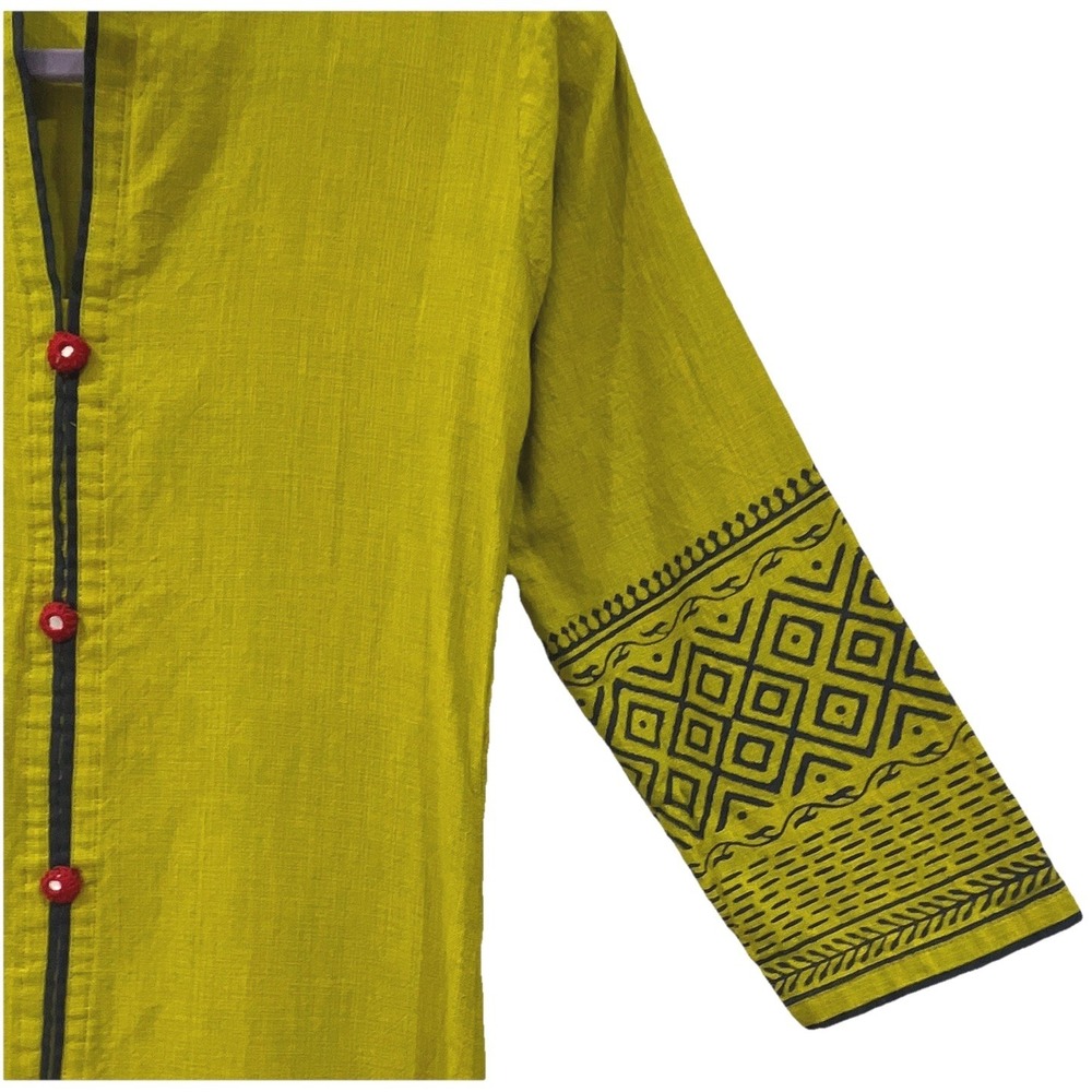 Lime Green Cotton Kurti Tunic Women Medium Geometric Block Print Boho Long Top - Picture 3 of 5